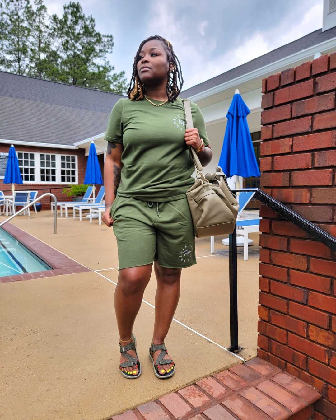 olive green short set